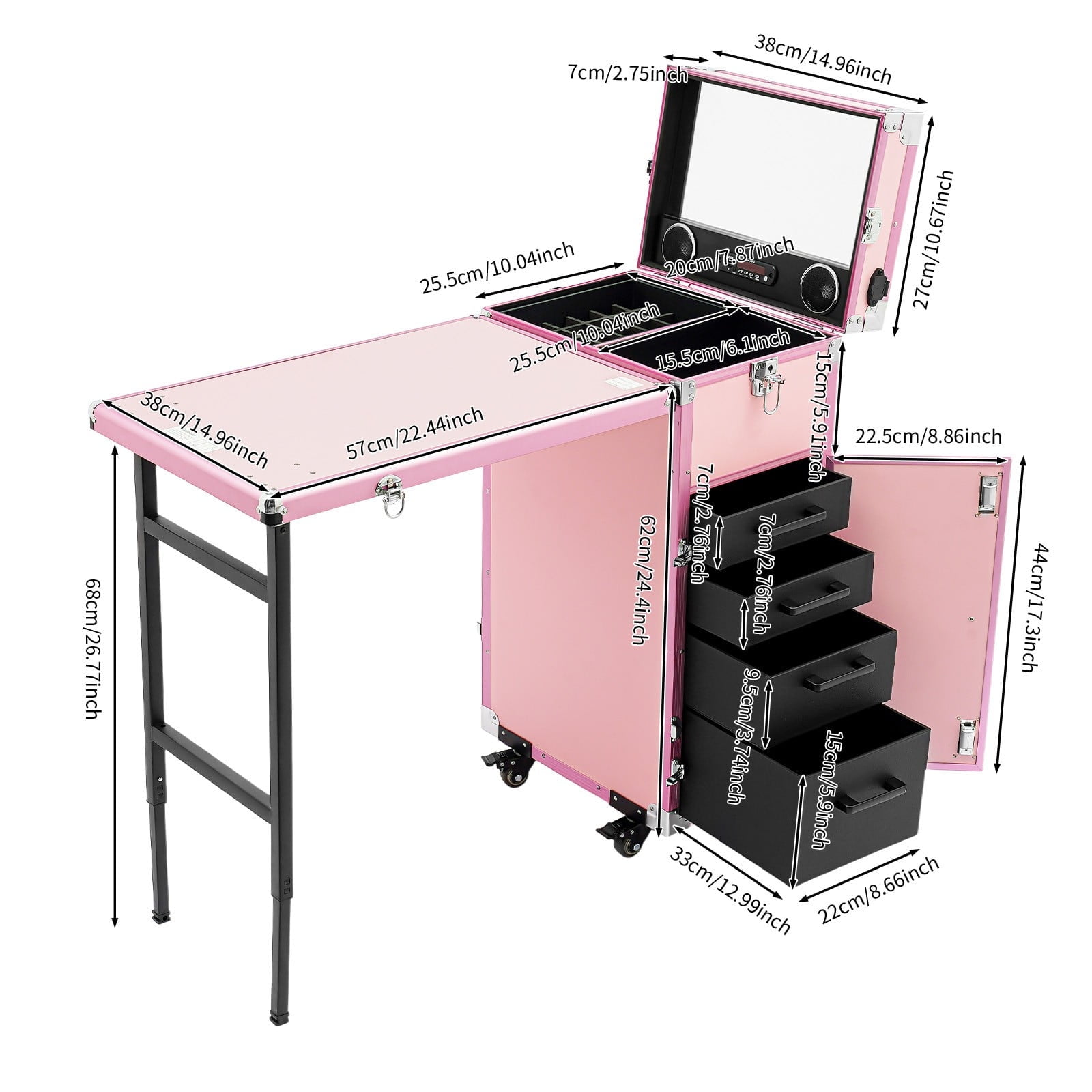 Rolling Manicure Table Nail Desk Travel Train Case Cosmetic