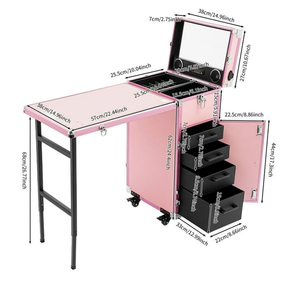 Rolling Manicure Table Nail Desk Travel Train Case Cosmetic Trolley & Speaker