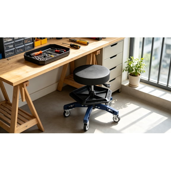 Rolling Mechanic Stool, Height Adjustable Heavy Duty Roller Creeper Garage Shop Seat with Padded Seat and Tool Storage Tray for Workshop Auto Repair, 300 LBS Capacity, Blue