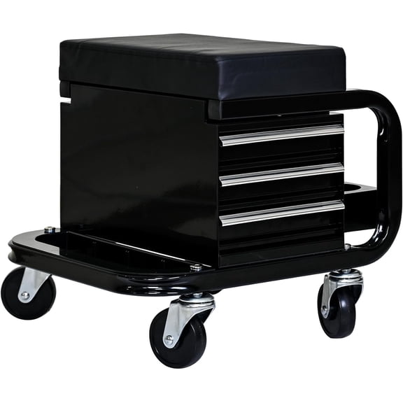 Rolling Mechanic Stool with Wheels, Creeper Seat with 3 Built-in Tool Drawers, Side Tool Tray & Rear Bottle Tray for Shop & Work, Garage Use (14" L × 15" W × 15" H)