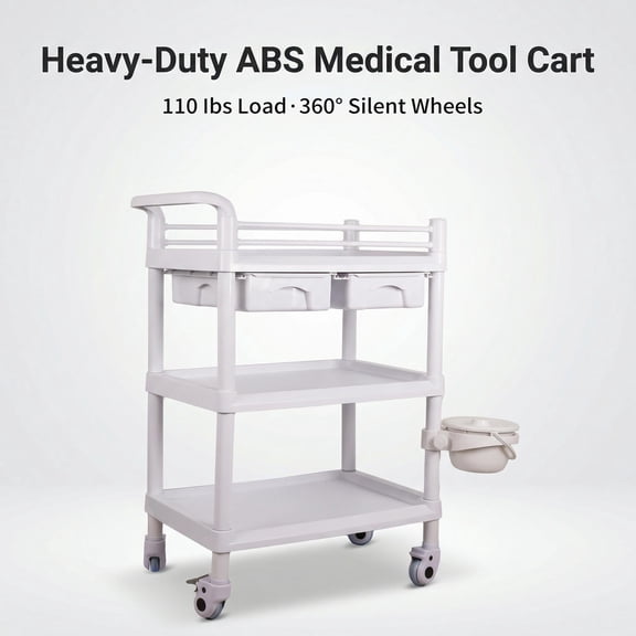 Rolling Medical Cart 3-Tier ABS 220lbs, Quiet Universal Wheels Hand-Pushed Medical Cart for Hospitals, Lockable Medical Cart with 2 Sliding Drawers And 2 Rotating Buckets