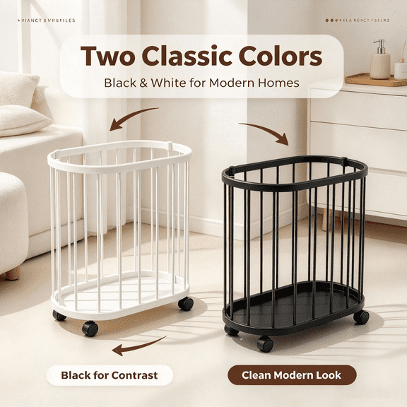 Rolling Metal Laundry Basket with Wheels, Large Capacity Oval Clothes Hamper, Mobile Storage Organizer for Bedroom Bathroom Laundry Room, 2 Colors Black & White