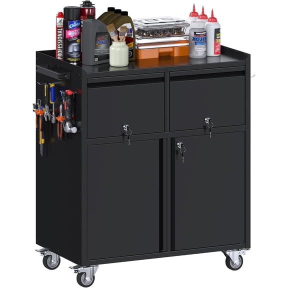 Rolling Metal Storage Cabinet with Wheels, Heavy Duty Steel Garage Tool Cabinet with 2 Drawers, Pegboard & 4 Hooks, Lockable Mobile Organizer with Adjustable Shelves, Black, Assembly Required