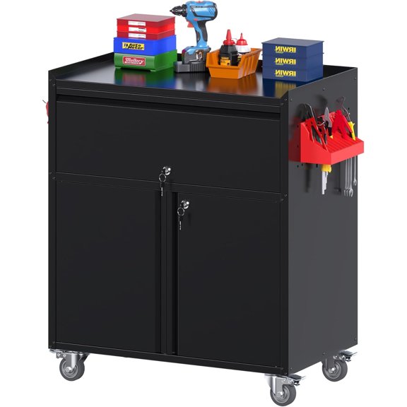 Rolling Metal Tool Cabinet with Lockable Drawer & Double Doors, Side Pegboard Tool Holder, Heavy Duty Mobile Tool Storage Chest with Brake Casters