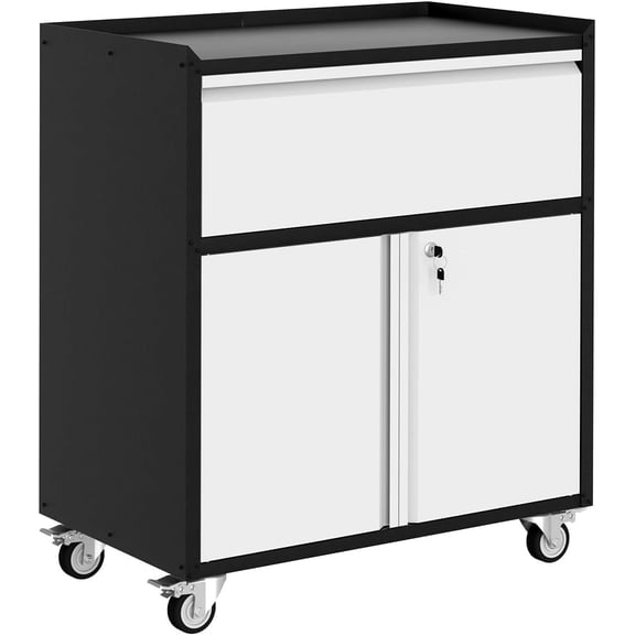 Rolling Metal Tool Chest Cabinet, Garage Storage Cabinet with Wheels, Doors and 1 Drawer, Heavy Duty Lockable Tool Chest Cart with Shelves, for Home Office Workshop Warehouse, Assembly Required