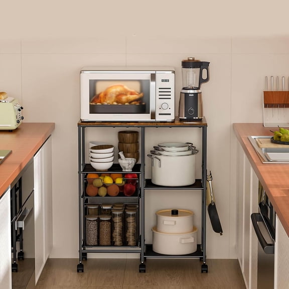 Rolling Microwave Cart with Storage, Microwave Stand with Drawers, Kitchen Storage Rack On Wheels, Kitchen Storage Cart Shelves Organizer for Bakers Rack Coffee Bar Station Kitchen Island Cart