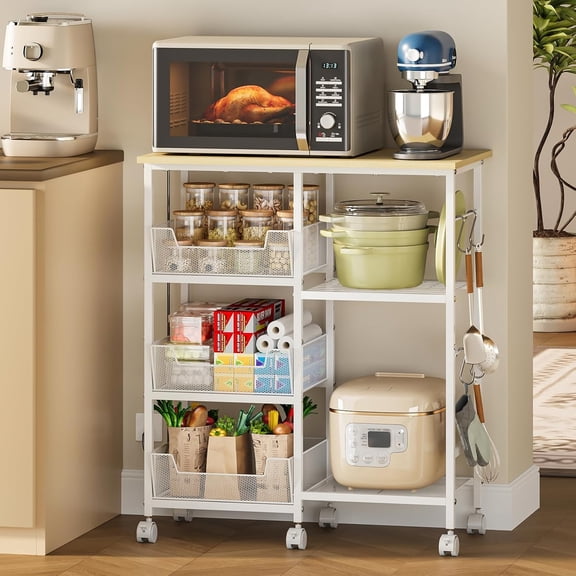 Rolling Microwave Cart with Adjustable Shelf Lockable Wheels Tilt-Out Baskets White