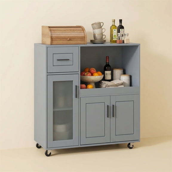Rolling Microwave Cart with Storage, Gray Kitchen Island on Swivel Casters