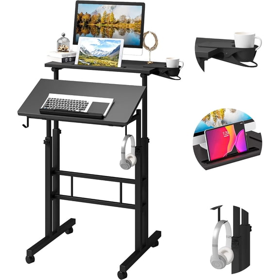 Rolling Mobile Desk with Cup Holder, Portable, Adjustable Height Small Stand up Desk on Wheels for Home Office Laptop Cart, Computer, Standing or Sitting