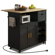 Rolling Mobile Kitchen Island Cart Bar with Desktop Drop Leaf Countertop, Island Table Storage Cart with 5 Wheels, Rolling Kitchen Cabinet with Power Socket and Towel Rack