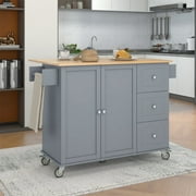 Rolling Mobile Kitchen Island Cart, Drop Leaf Breakfast Bar with Solid Wood Top, Foldable Drop-leaf & Locking Wheels, 52.7''W Storage Cabinet with Spice Rack, Towel Rack & 3 Drawers, Grey Blue