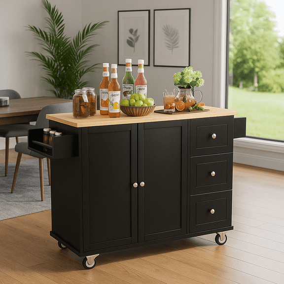 Rolling Mobile Kitchen Island with Solid Wood Top and Locking Wheels,52.7 Inch Width,Storage Cabinet and Drop Leaf Breakfast Bar,Spice Rack, Towel Rack & Drawer (Black)