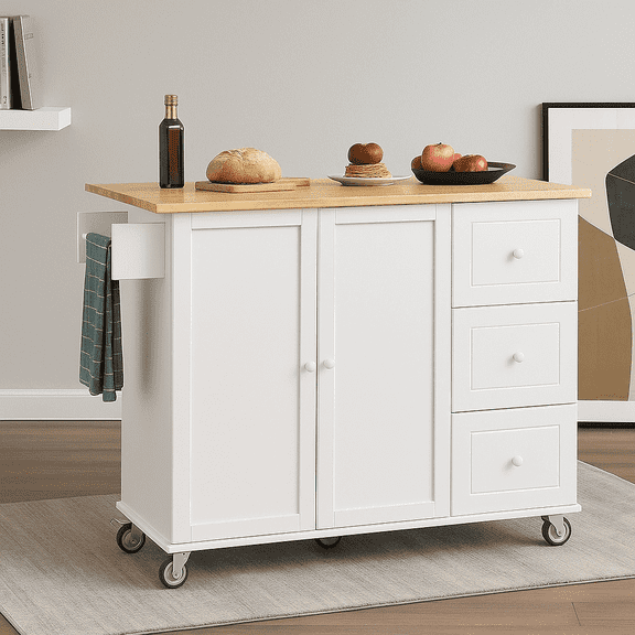 Rolling Mobile Kitchen Island with Solid Wood Top and Locking Wheels,52.7 Inch Width,Storage Cabinet and Drop Leaf Breakfast Bar,Spice Rack, Towel Rack & Drawer (White)