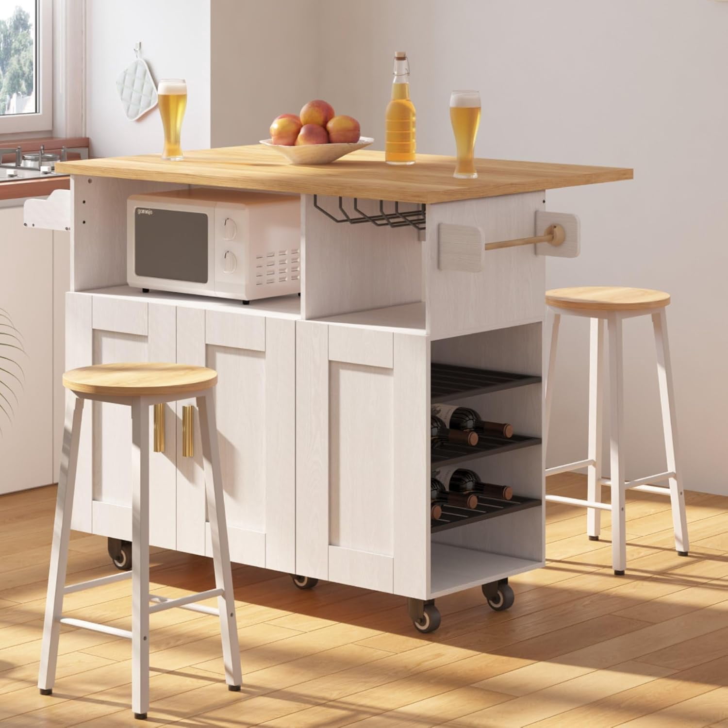 Rolling Mobile Kitchen Island with Stool Set of 2 and Drop Leaf, Island ...