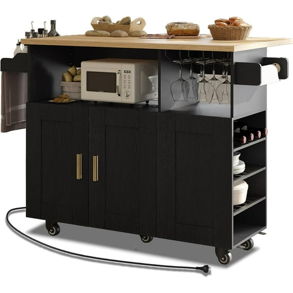 Rolling Mobile Kitchen Island with Storage and Drop Leaf, Island with Countertop Power Socket and Wheels for Kitchen Appliances, Black