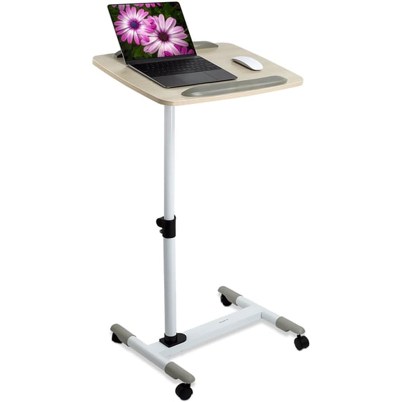 Rolling Mobile Standing Desk - Small Rolling Desk for Laptop, Over Bed Hospital Medical Tray, Projector Stand, Mobile Music Stand, Height Adjustable Tilting Wood with Lockable Wheels