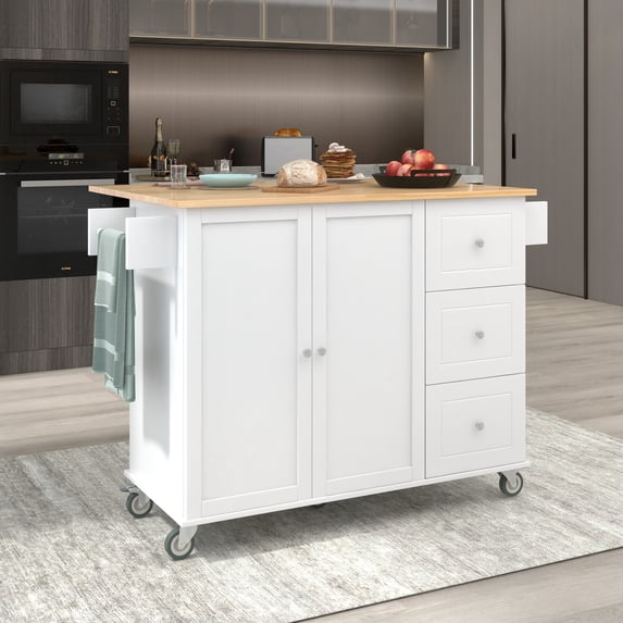 Rolling Mobile Storage Cabinet, Modern Kitchen Island with Drop Leaf, Solid Wood Top, Locking Wheels, Storage Drawers and Adjustable Shelves, 52.7 Inch Width, White