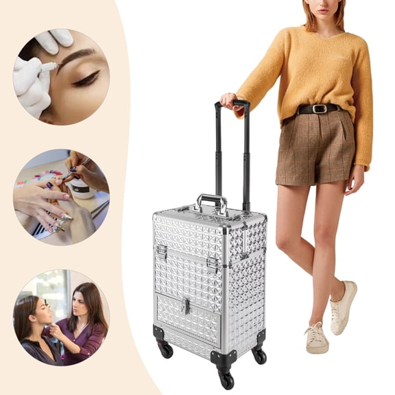 Rolling Nail Case Wheeled Manicure Storage Case Polish Organizer 44.09lbs Professional Makeup Trolley for Studio or Travelling Nail Technician Artists Cosmetologist Stylist (Silver)