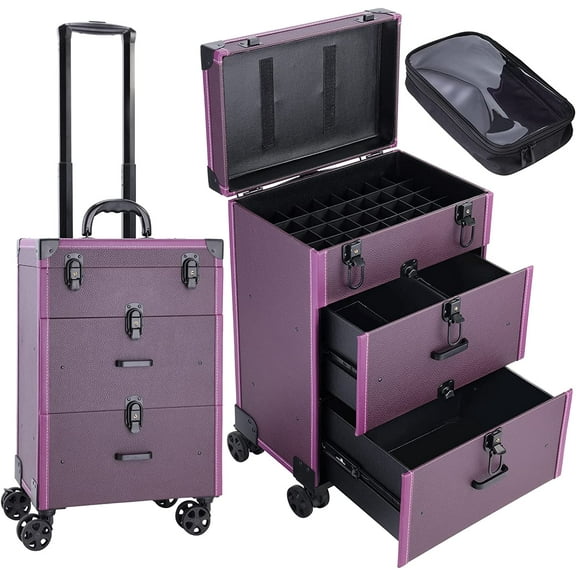 Rolling Nail Case Wheeled Manicure Storage Case Polish Organizer Professional Makeup Trolley for Studio or Travelling Nail Technician Artists Cosmetologist Stylist - Vegan Leather