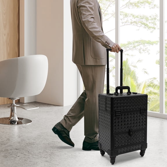 Rolling Nail Case Wheeled Manicure Storage Case Polish Organizer Professional Makeup Trolley for Studio or Travelling Nail Technician Artists Cosmetologist Stylist Black