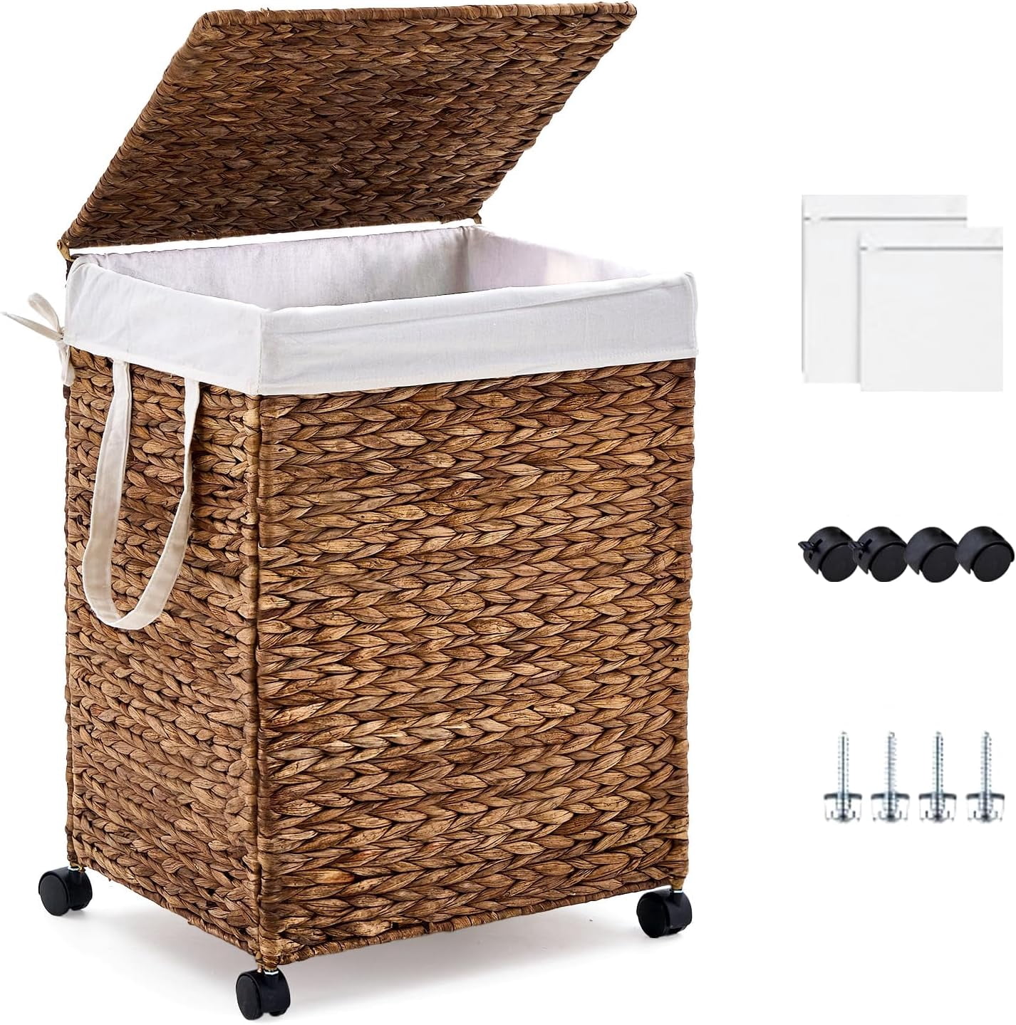 Rolling Natural Water Hyacinth Laundry Hamper with Removable Liner, 100L Capacity, Espresso