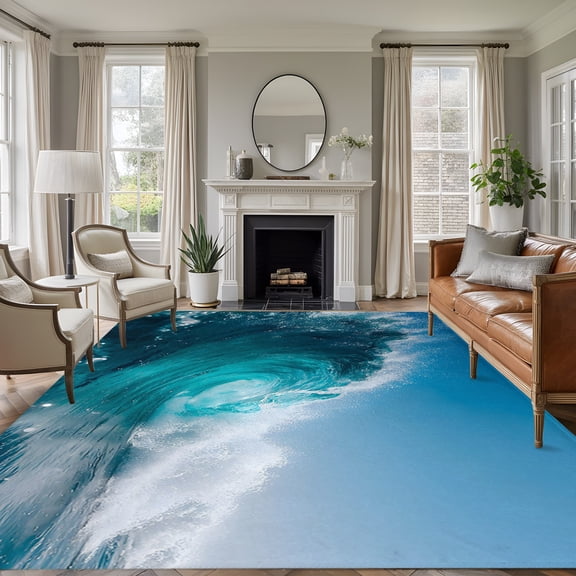 Rolling Ocean Wave 8'x10' Area Rug for Living Room Sectional Sofa, Coastal Blue White Wave Blue Sky Washable Non Slip Large Rectangle Area Rug