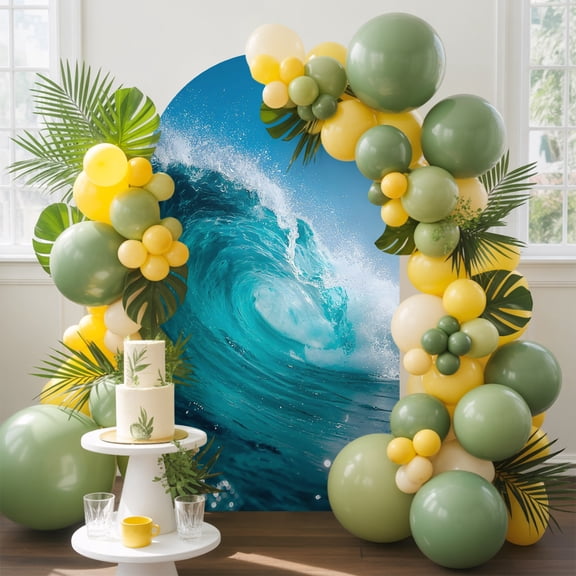 Rolling Ocean Wave Arch Backdrop Cover, 4FT, Coastal Blue White Wave Blue Sky Spandex Arch Covers Double-Sided Backdrop for Wedding Birthday Party Photo Background Decoration