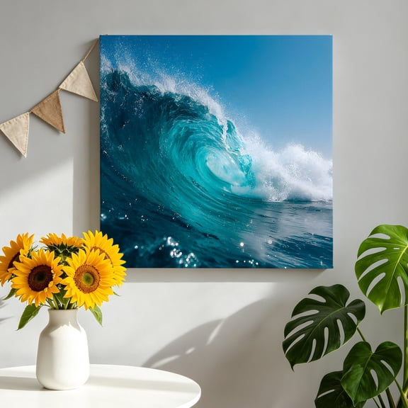 Rolling Ocean Wave Canvas Wall Art for Living Room, Coastal Blue White Wave Blue Sky Poster Print Painting for Bedroom Office Home Decoration Wall Pictures Prepare To Hang 8"x8"