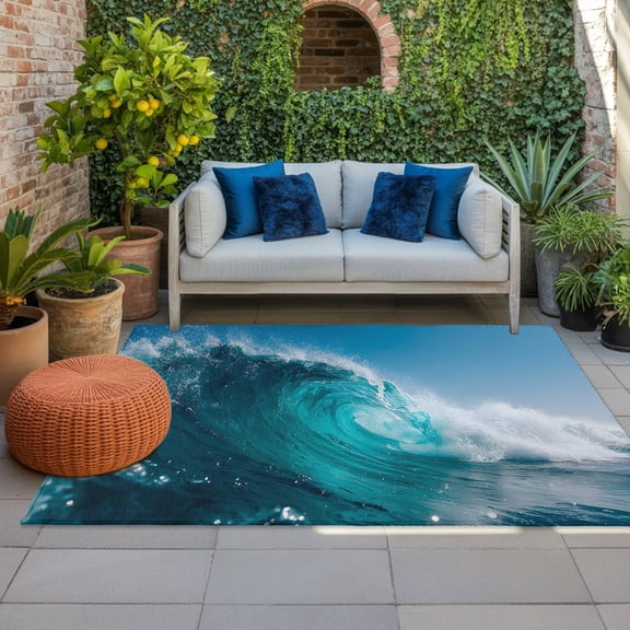 Rolling Ocean Wave Indoor Outdoor Rugs 3x5 Ft, Coastal Blue White Wave Blue Sky Outdoor Patio Rugs Mat Washable Outside Area Rugs Carpet for Porch Deck RV Camping Pool Balcony Backyard