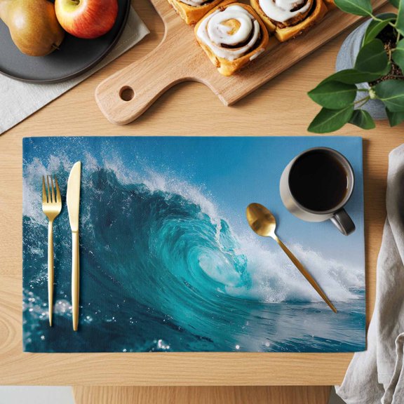 Rolling Ocean Wave Placemats Set of 8, Coastal Blue White Wave Blue Sky Heat Insulated Linen Place Mats, Washable Stain-Proof Table Mats for Dining Tables Holiday Decor 13x19 Inches