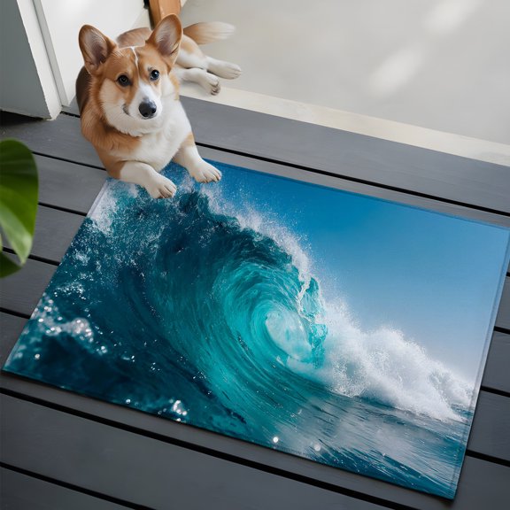 Rolling Ocean Wave Small Area Rugs 2x3 Coastal Blue White Wave Blue Sky Entryway Rugs Washable Door Mat, Low-Profile Area Rugs Non Slip Floor Carpet for Living Room Bedroom Home Office
