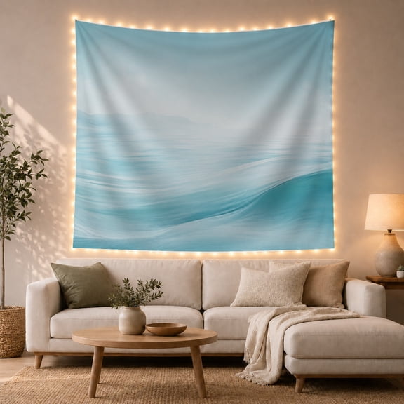 Rolling Ocean Waves Before Misty Mountains, Serene Coastal Style for Ocean Lovers, Seascape Wall Art, Housewarming Gift, Tapestry Wall Hanging for Bedroom and Office
