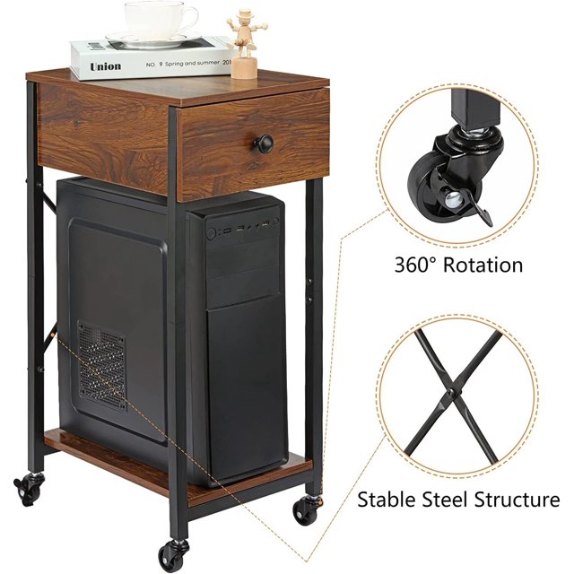 Rolling PC Stand Computer Tower Stand 2Tier CPU Stand w/Drawer for