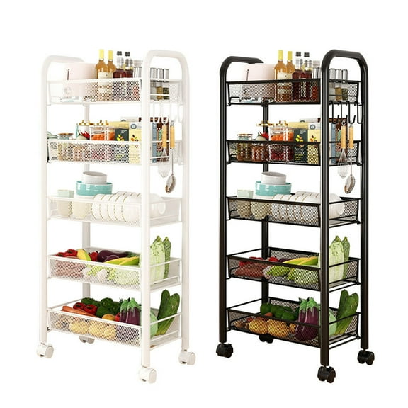 Rolling Pantry Storage Cart - 5-Tier Metal Portable Pantry Organizer with Wheels, Multi-Functional Storage Trolley for Kitchen, Office (White)