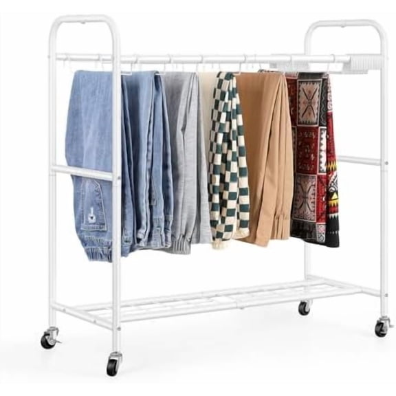 Rolling Pants Trolley Trouser Hangers with 30 Pant Racks 2 Tier Pants Hangers with Storage Shelf and Wheels Pant Storage Organizer for Clothes Towels Jeans Scarves, White