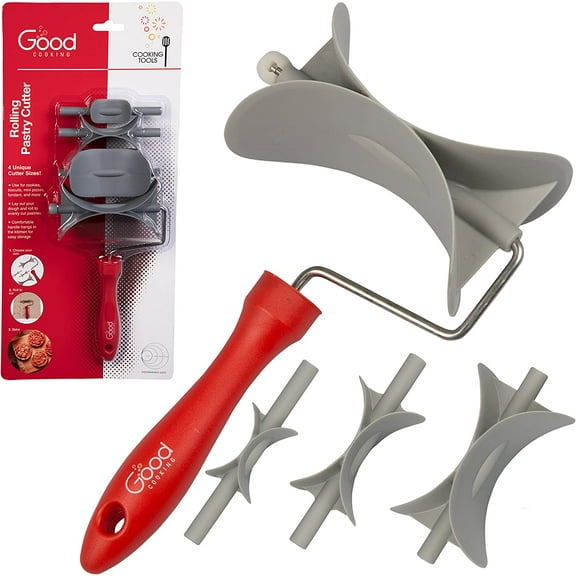 Rolling Pastry Cutter w 4 Interchangeable Blades- Round Roller Fondant Slicer- Cuts all Pastries, Cookies, Biscuits and More