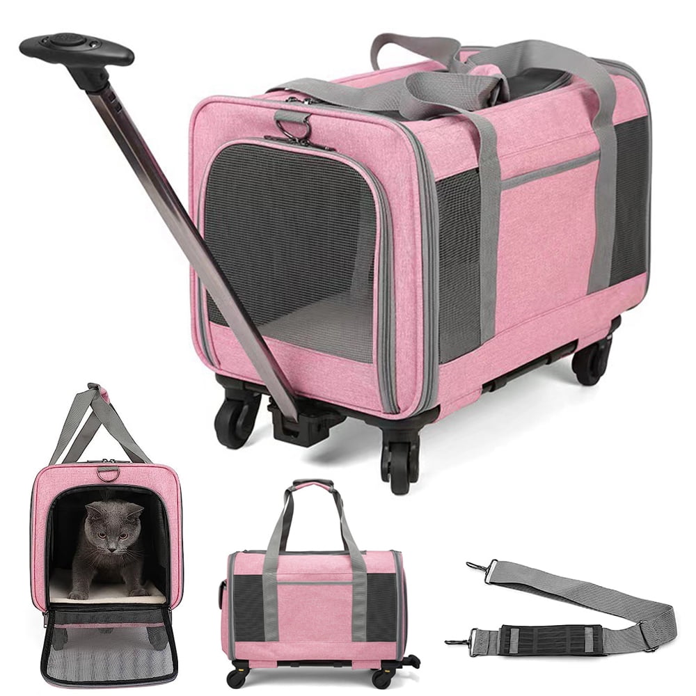 Rolling Pet Carrier with Wheels for Cat Dog, Telescopic Handle Pet