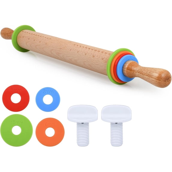 Rolling Pin with 4 Adjustable Thickness Rings and Long Handle 13.6 Inch Wooden Dough Roller for Baking, Dough, Cookie, Cake, Fondant, Pizza Pie Crust