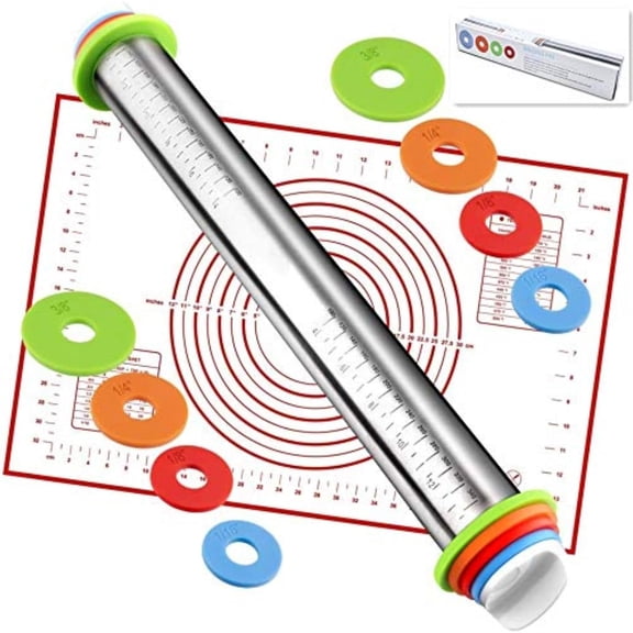 Rolling Pin with Adjustable Thickness Rings and Silicone Baking Pastry Mat Set for Baking,Stainless Steel Dough Roller,Baking Supplies for Cookie Fondant Pizza Cake Pasta(Red)