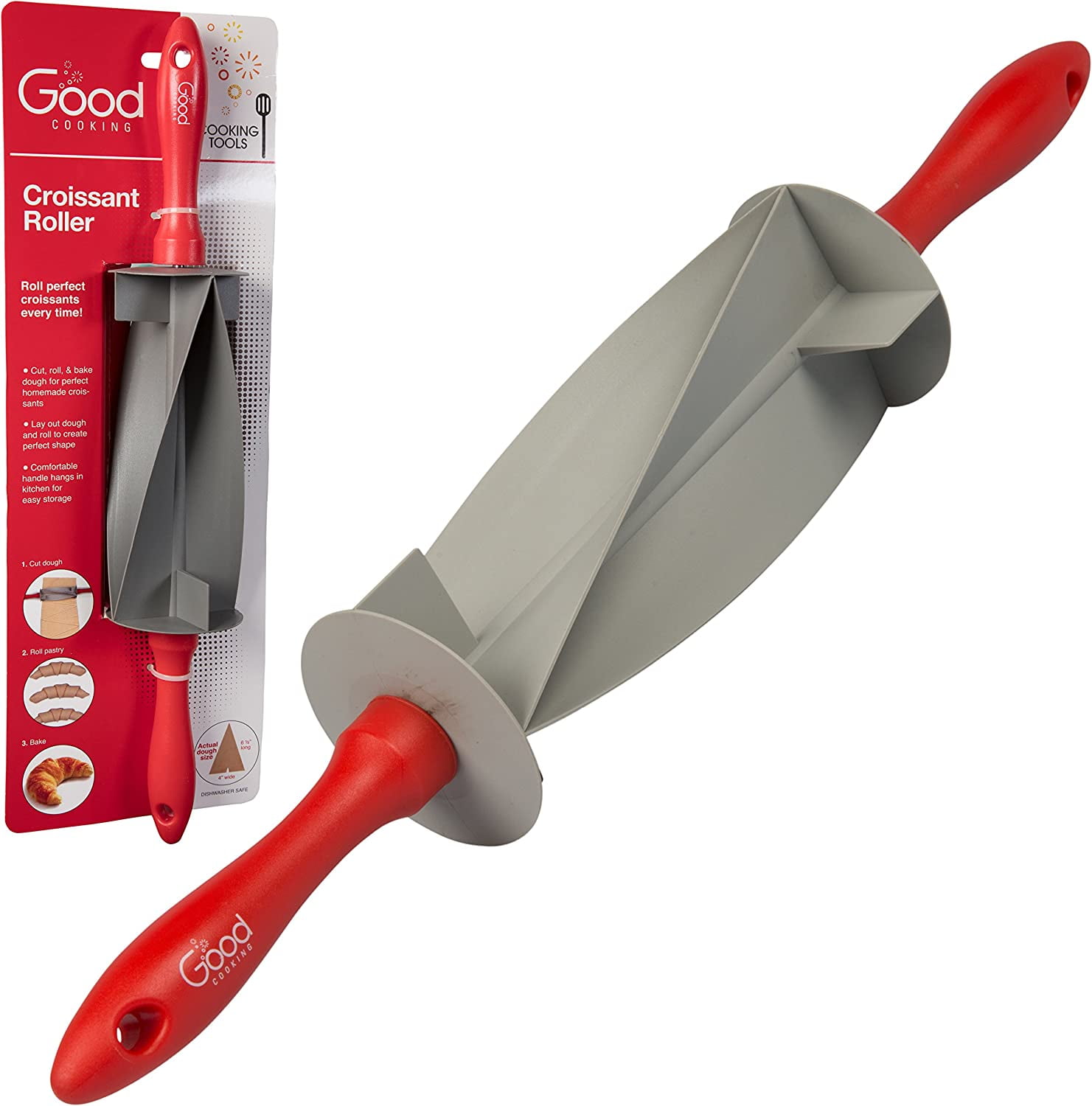 Gray and Red Plastic Croissant Roller with Cushioned Handle