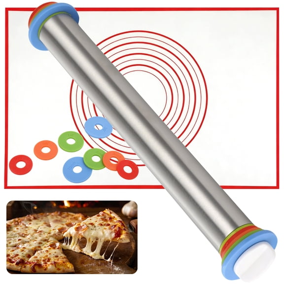 Rolling Pin and Pastry Baking Mat Set, Stainless Steel Dough Roller with Adjustable Thickness Rings & Clear Scale Markings, Ideal for Home Kitchen Baking Fondant, Pizza, Pie, Pastry, Pasta, Cookies