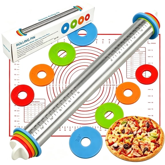 Rolling Pin and Silicone Baking Pastry Mat Set, Non-Stick Stainless Steel Dough Roller with Silicone Removable Rings, Kitchen Bake Tools for Pizza, Pie, Pastries, Pasta, Cookies