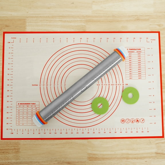 Rolling Pin and Silicone Baking Pastry Mat Set Stainless Steel Dough Roller with Adjustable Thickness Rings Nonstick Dough Roller Pin for Fondant Pizza Pie Cookies