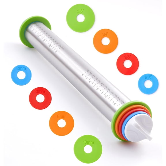 Rolling Pin with Thickness Rings, 17" Adjustable Stainless Steel Rolling Pins for Baking, Dough Roller for Fondant Pizza, Pie, Pasta, Cookies, Cakes, Kitchen Baking Supplies