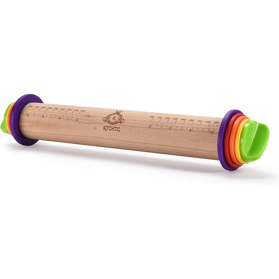 Rolling Pin with Thickness Rings - Adjustable Wooden Rolling Pin - Baking Essential and Roller Tool - Consistent Thickness - Easy to Clean - Beechwood Material - 13.7 x 2.75 x 2.75 inches