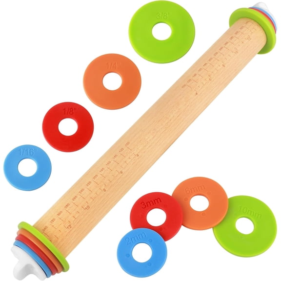 Rolling Pin with Thickness Rings, Adjustable Wooden Rolling Pins for Baking, Dough Roller Pins for Cookie Pastry Tools Cake Baker, Fondant Roller for Decorating Bakery Supplies Kitchen Gadgets