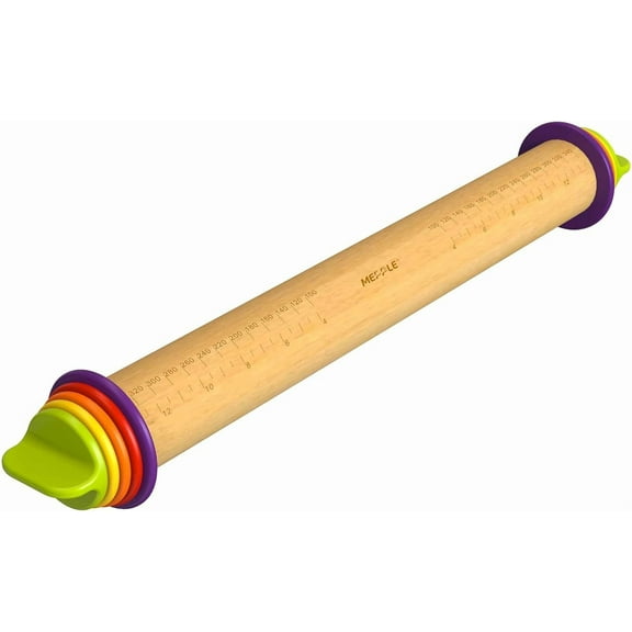 Rolling Pin with Thickness Rings for Baking,Fondant, Pizza, Pie Crust, Cookie, Pastry, Roller Rod for Dough Thickness, 13.6" Adjustable Wooden Rolling Pin with 4 Thickness Rings