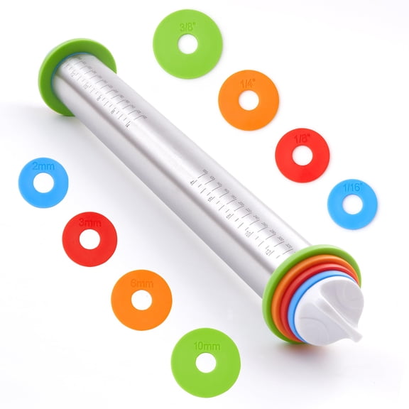 Rolling Pin with Thickness Rings17" Adjustable Stainless Steel Rolling Pins for Baking, Dough Roller for Fondant Pizza, Pie, Pasta, Cookies, Cakes, Kitchen Baking Supplies