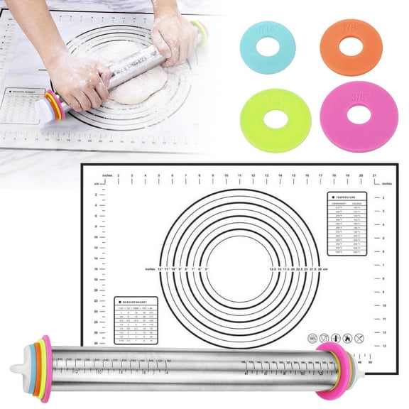 Rolling Pin nonstick and Silicone Baking Pastry Mat combo kit, Adjustable Rolling Pin With Thickness Rings for Baking Fondant, Pizza, Pie, Pastry, Pasta, Dough, Cookies(B)