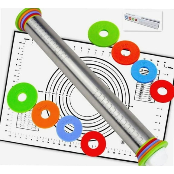 Rolling Pin nonstick and Silicone Baking Pastry Mat combo kit, Adjustable Rolling Pin With Thickness Rings, Rolling Pin for Baking Fondant, Pizza, Pie, Pastry, Pasta, Dough, Cookies (black)